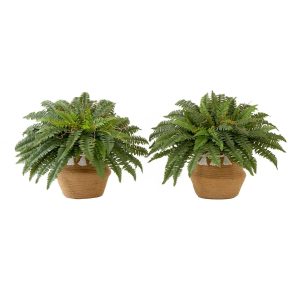 Ferns | 23" Artificial Boston Fern Plant with Handmade Jute & Cotton Basket with Tassels DIY KIT – Set of 2 Artificial Plants Ferns