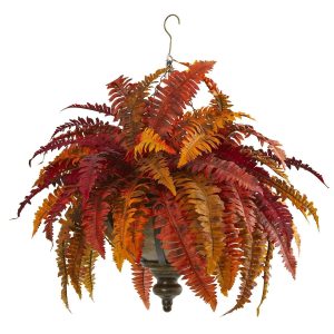 Ferns | 28" Autumn Boston Fern Artificial Plant in Hanging Metal Bowl Artificial Plants Ferns