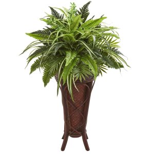 Ferns | 32" Mixed Greens and Fern Artificial Plant in Decorative Stand Artificial Plants Ferns