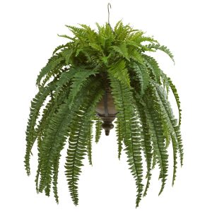 Ferns | 39" Boston Fern Artificial Plant in Metal Hanging Bowl Artificial Plants Ferns