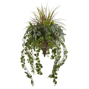 Ferns | 45" Ivy and Mix Greens Artificial Plant in Hanging Metal Bowl Artificial Plants Ferns