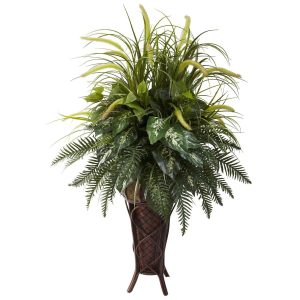 Ferns | Mixed Greens & Cattails Stand Planter Artificial Plants Ferns