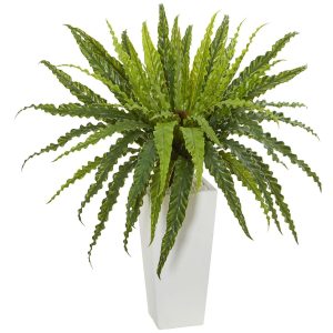 Ferns | Rippled Birdsnest Artificial Plant on White Tower Planter Artificial Plants Ferns