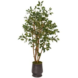 Ficus Trees | 4.5' Ficus Artificial Tree in Ribbed Metal Planter Artificial Trees Ficus Trees