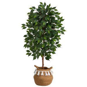 Ficus Trees | 4' Artificial Ficus Tree with Handmade Jute & Cotton Basket with Tassels Artificial Trees Ficus Trees