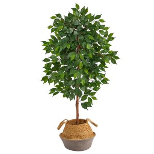 Ficus Trees | 4' Ficus Artificial Tree in Boho Chic Handmade Cotton & Jute Gray Woven Planter Artificial Trees Ficus Trees