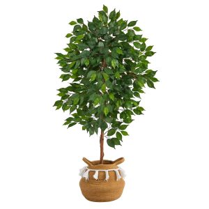 Ficus Trees | 4' Ficus Artificial Tree in Boho Chic Handmade Natural Cotton Woven Planter with Tassels Artificial Trees Ficus Trees