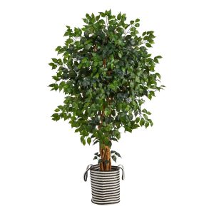 Ficus Trees | 5.5' Palace Ficus Artificial Tree in Handmade Black and White Natural Jute and Cotton Planter Artificial Trees Ficus Trees