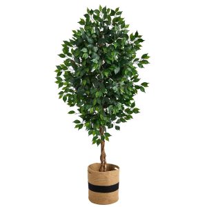 Ficus Trees | 6' Ficus Artificial Tree with Natural Trunk in Handmade Natural Cotton Planter Artificial Trees Ficus Trees