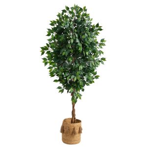 Ficus Trees | 6' Ficus Artificial Tree with Natural Trunk in Handmade Natural Jute Planter with Tassels Artificial Trees Ficus Trees