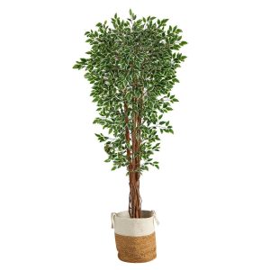 Ficus Trees | 70" Variegated Ficus Tree in Handmade Jute and Cotton Planter UV Resistant (Indoor/Outdoor) Artificial Trees Ficus Trees