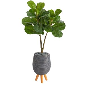 Fiddle Leaf Fig Trees | 3.5’ Fiddle Leaf Fig Artificial Tree in Gray Planter with Stand Artificial Trees Fiddle Leaf Fig Trees