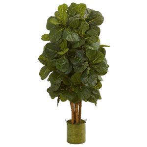 Fiddle Leaf Fig Trees | 4.5' Fiddle Leaf Artificial Tree in Green Tin Planter Artificial Trees Fiddle Leaf Fig Trees