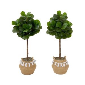 Fiddle Leaf Fig Trees | 4' Artificial Fiddle Leaf Fig Tree with Handmade Jute & Cotton Basket with Tassels DIY KIT- Set of 2 Artificial Trees Fiddle Leaf Fig Trees