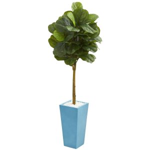 Fiddle Leaf Fig Trees | 4' Fiddle Leaf Artificial Tree in Turquoise Planter (Real Touch) Artificial Trees Fiddle Leaf Fig Trees