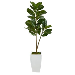 Fiddle Leaf Fig Trees | 4' Fiddle Leaf Fig Artificial Tree in White Metal Planter Artificial Trees Fiddle Leaf Fig Trees