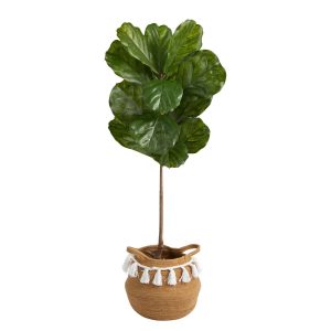 Fiddle Leaf Fig Trees | 4' Fiddle Leaf Tree in Boho Chic Handmade Natural Cotton Woven Planter with Tassels UV Resistant Artificial Trees Fiddle Leaf Fig Trees