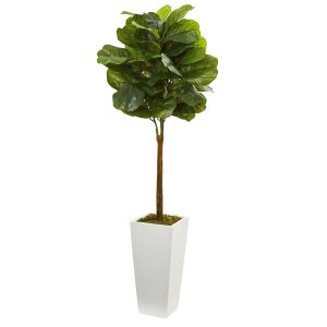 Fiddle Leaf Fig Trees | 4’ Fiddle Leaf Artificial Tree in White Tower Planter Artificial Trees Fiddle Leaf Fig Trees