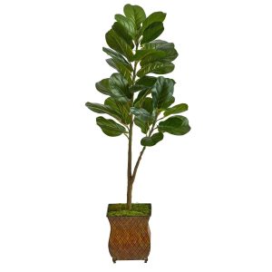 Fiddle Leaf Fig Trees | 4’ Fiddle Leaf Fig Artificial Tree in Metal Planter with Faux Moss Artificial Trees Fiddle Leaf Fig Trees