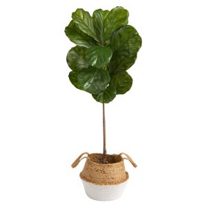 Fiddle Leaf Fig Trees | 4’ Fiddle Leaf Tree in Boho Chic Handmade Cotton & Jute White Woven Planter UV Resistant Artificial Trees Fiddle Leaf Fig Trees