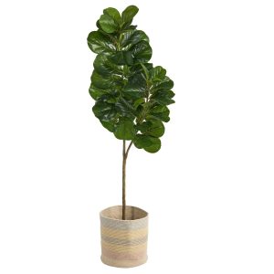 Fiddle Leaf Fig Trees | 5.5' Fiddle Leaf Fig Artificial Tree in Handmade Natural Cotton Multicolored Woven Planter Artificial Trees Fiddle Leaf Fig Trees