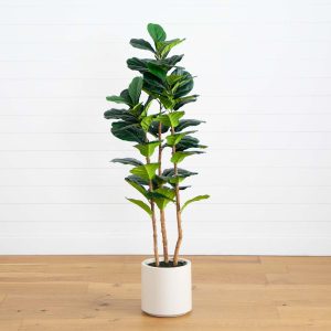 Fiddle Leaf Fig Trees | 5' Artificial Fiddle Leaf Tree in Decorative White Planter Artificial Trees Fiddle Leaf Fig Trees