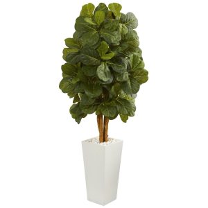 Fiddle Leaf Fig Trees | 5' Fiddle Leaf Artificial Tree in White Tower Planter Artificial Trees Fiddle Leaf Fig Trees