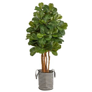 Fiddle Leaf Fig Trees | 5' Fiddle Leaf Fig Artificial Tree in Handmade Black and White Natural Jute and Cotton Planter Artificial Trees Fiddle Leaf Fig Trees