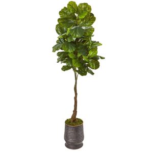 Fiddle Leaf Fig Trees | 69" Fiddle Leaf Artificial Tree in Ribbed Metal Planter (Real Touch) Artificial Trees Fiddle Leaf Fig Trees