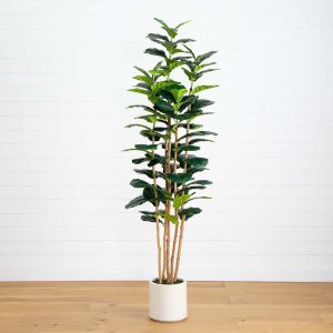 Fiddle Leaf Fig Trees | 7' Artificial Fiddle Leaf Tree in Decorative White Planter Artificial Trees Fiddle Leaf Fig Trees