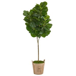 Fiddle Leaf Fig Trees | 74" Fiddle leaf Fig Artificial Tree in Farmhouse Planter Artificial Trees Fiddle Leaf Fig Trees