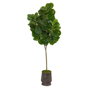 Fiddle Leaf Fig Trees | 74" Fiddle leaf Fig Artificial Tree in Ribbed Metal Planter Artificial Trees Fiddle Leaf Fig Trees