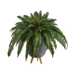 Floor Plants | 2.5’ Boston Fern Artificial Plant in Gray Planter with Stand Artificial Plants Ferns