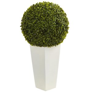 Floor Plants | 28" Boxwood Topiary Ball Artificial Plant in White Tower Planter (Indoor/Outdoor) Artificial Plants Floor Plants