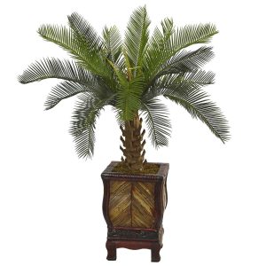 Floor Plants | 3' Cycas Tree in Wood Planter Artificial Palm Trees Artificial Palm Trees