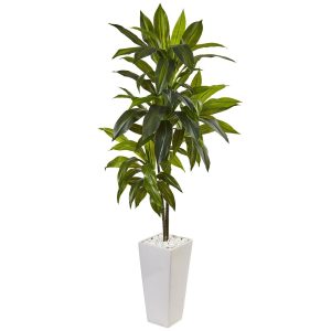 Floor Plants | 3' Dracaena Plant in White Tower Planter Artificial Plants Dracaena Trees