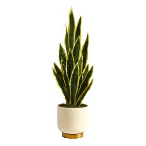 Floor Plants | 3' Sansevieria Artificial Plant in Cream Planter with Gold Base Artificial Plants Floor Plants