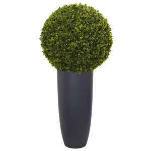 Floor Plants | 30" Boxwood Artificial Topiary Plant in Gray Cylinder Planter (Indoor/Outdoor) Artificial Plants Floor Plants