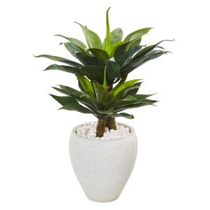 Floor Plants | 33" Double Agave Succulent Artificial Plant in White Planter Artificial Plants Floor Plants