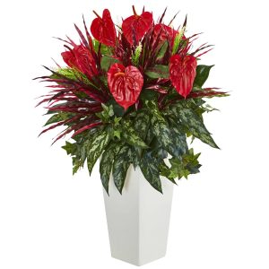 Floor Plants | 33" Mixed Anthurium Artificial Plant in White Tower Vase" Artificial Plants Floor Plants