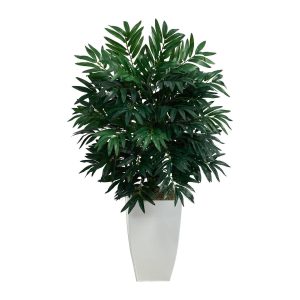 Floor Plants | 3’ Bamboo Palm Artificial Plant in White Metal Planter Artificial Plants Floor Plants