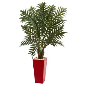 Floor Plants | 4.5' Evergreen Artificial Plant in Red Tower Vase Artificial Plants Floor Plants