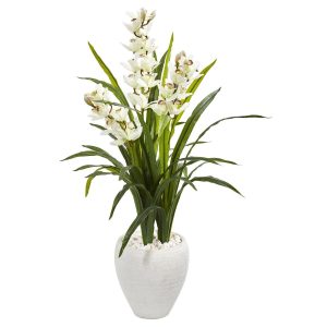 Floor Plants | 4' Cymbidium Orchid Artificial Plant in White Planter Artificial Flowers Floor Plants