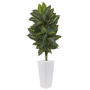 Floor Plants | 4' Zebra Plant in White Tower Planter Artificial Plants Floor Plants