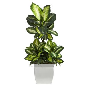 Floor Plants | 46" Golden Dieffenbachia Artificial Plant in White Metal Planter Artificial Plants Floor Plants