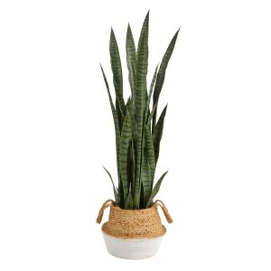 Floor Plants | 46" Sansevieria Artificial Plant in Boho Chic Handmade Cotton & Jute White Woven Planter Artificial Plants Floor Plants