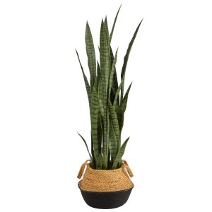 Floor Plants | 46" Sansevieria Plant in Cotton & Jute Black Woven Planter Artificial Plants Floor Plants