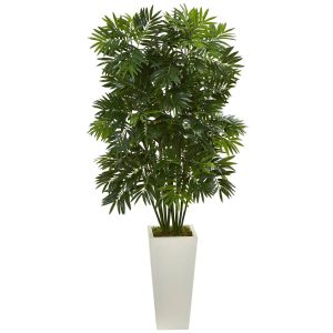 Floor Plants | 49" Mini Bamboo Palm Artificial Pant in White Tower Planter Artificial Plants Floor Plants