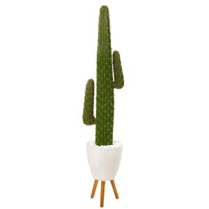 Floor Plants | 5.5' Cactus Artificial Plant in White Planter with Stand Artificial Plants Floor Plants