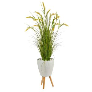 Floor Plants | 5" Wheat Grain Artificial Plant in White Planter with Legs Artificial Plants Floor Plants